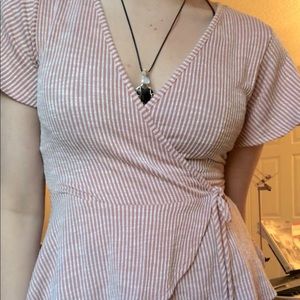 striped fake wrap top tie pink white spring top